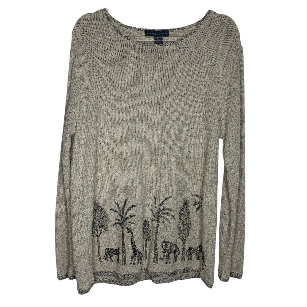 Northern Isles Womens XL Embroidered Sweater Silk Linen Safari Chic Giraffe Tree